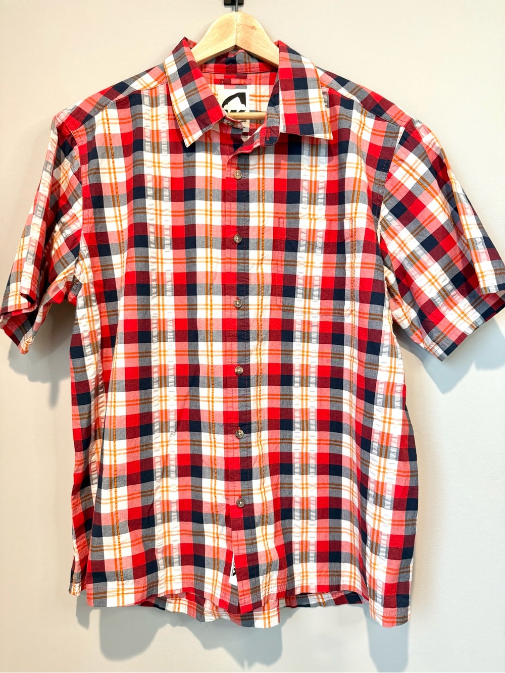 Men's Mountain Khaki Short-Sleeve Plaid Button-Up Textured Shirt Red Orange Navy